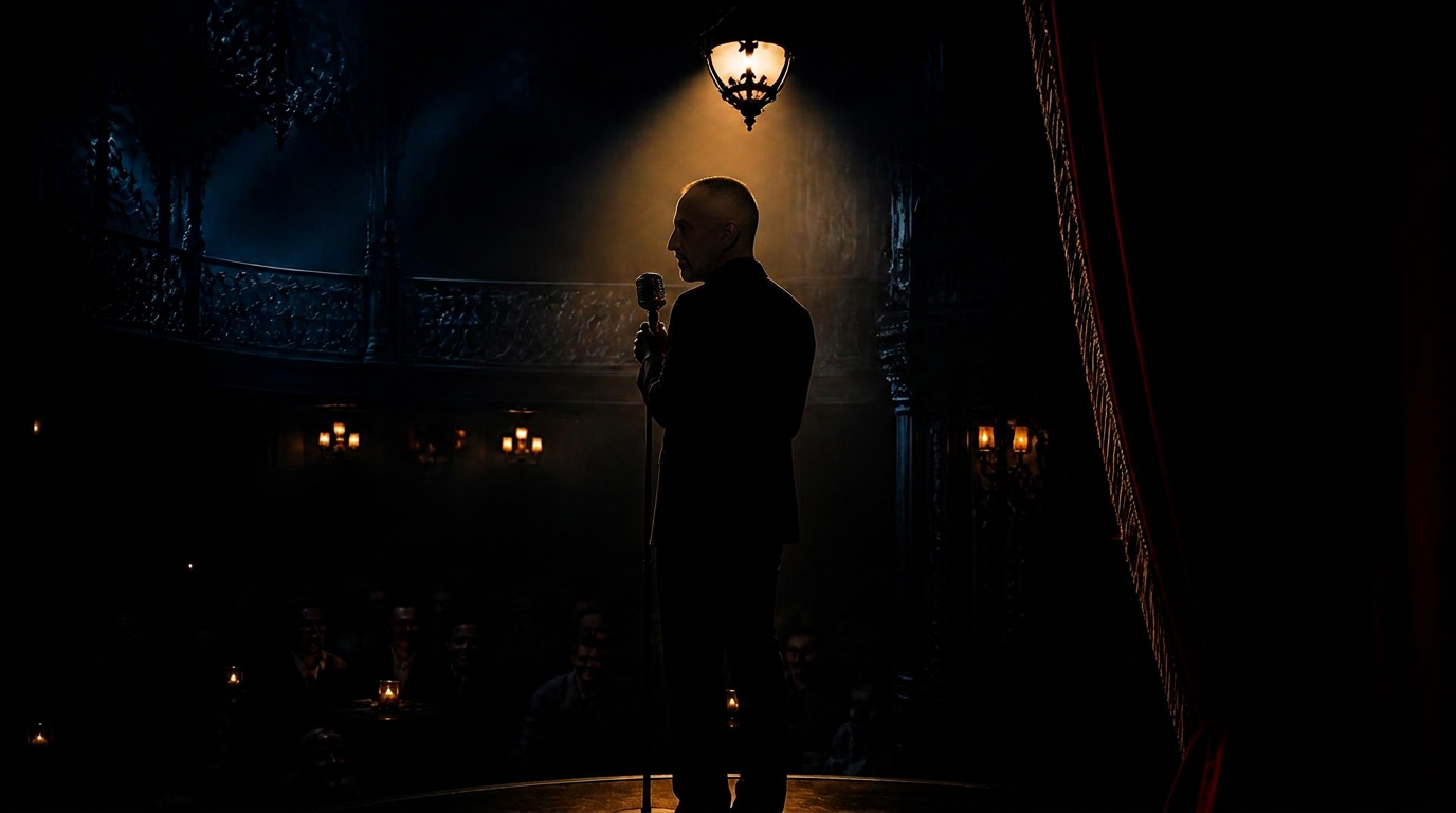 William Balazs silhouetted on stage beneath an amber lantern